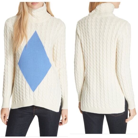Tory Burch Sweater Nel Cable Knit Diamond Turtleneck Alpaca Wool in Cream Blue - Picture 4 of 15